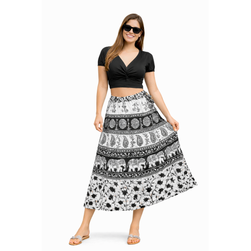 Women’s Pure Cotton Wrap Skirt | Black & White Solid | Adjustable Waist | Lightweight Summer Skirt | New Collection