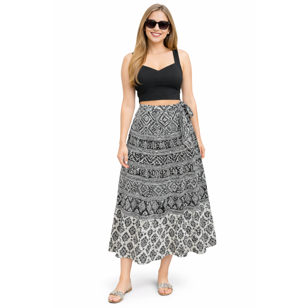 Women’s Pure Cotton Wrap Skirt | Black & White Solid | Adjustable Waist | Lightweight Summer Skirt | New Collection