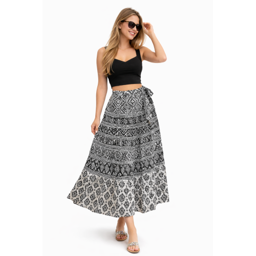 Women’s Pure Cotton Wrap Skirt | Black & White Solid | Adjustable Waist | Lightweight Summer Skirt | New Collection